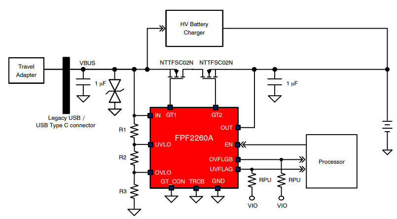 Schematic - onsemi FPF2260ATMX OVP/UVLO Protection Controller